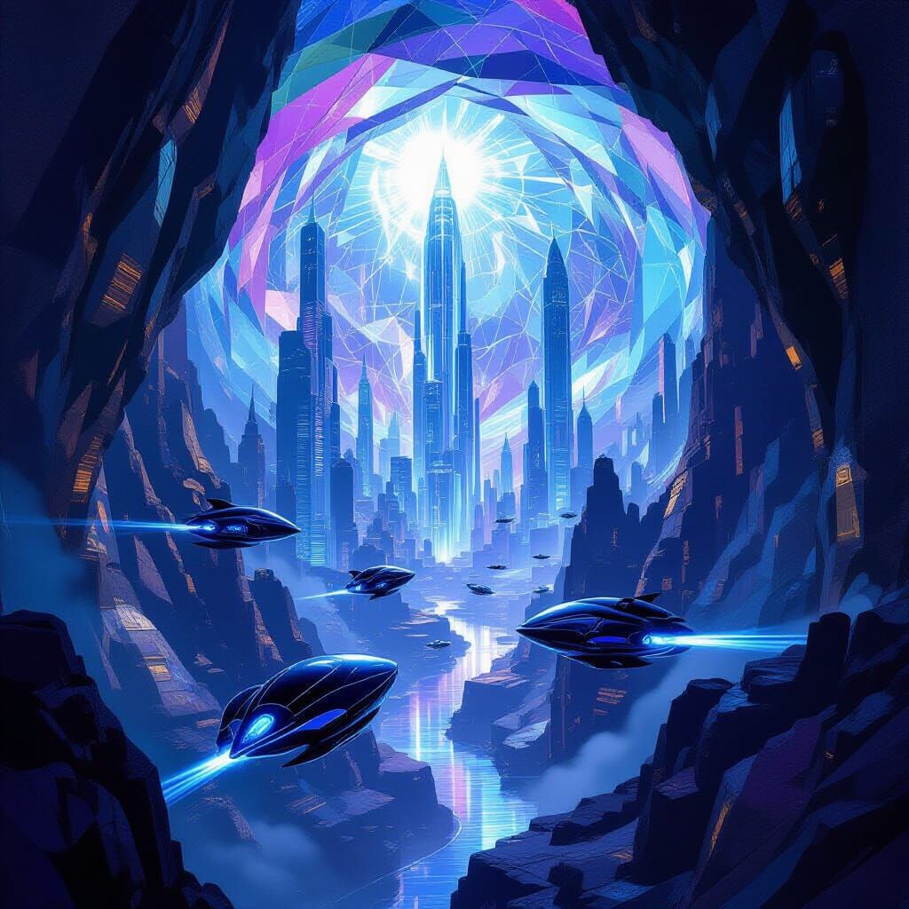 Futuristic Geode City with Flying Vehicles in Art Deco Style