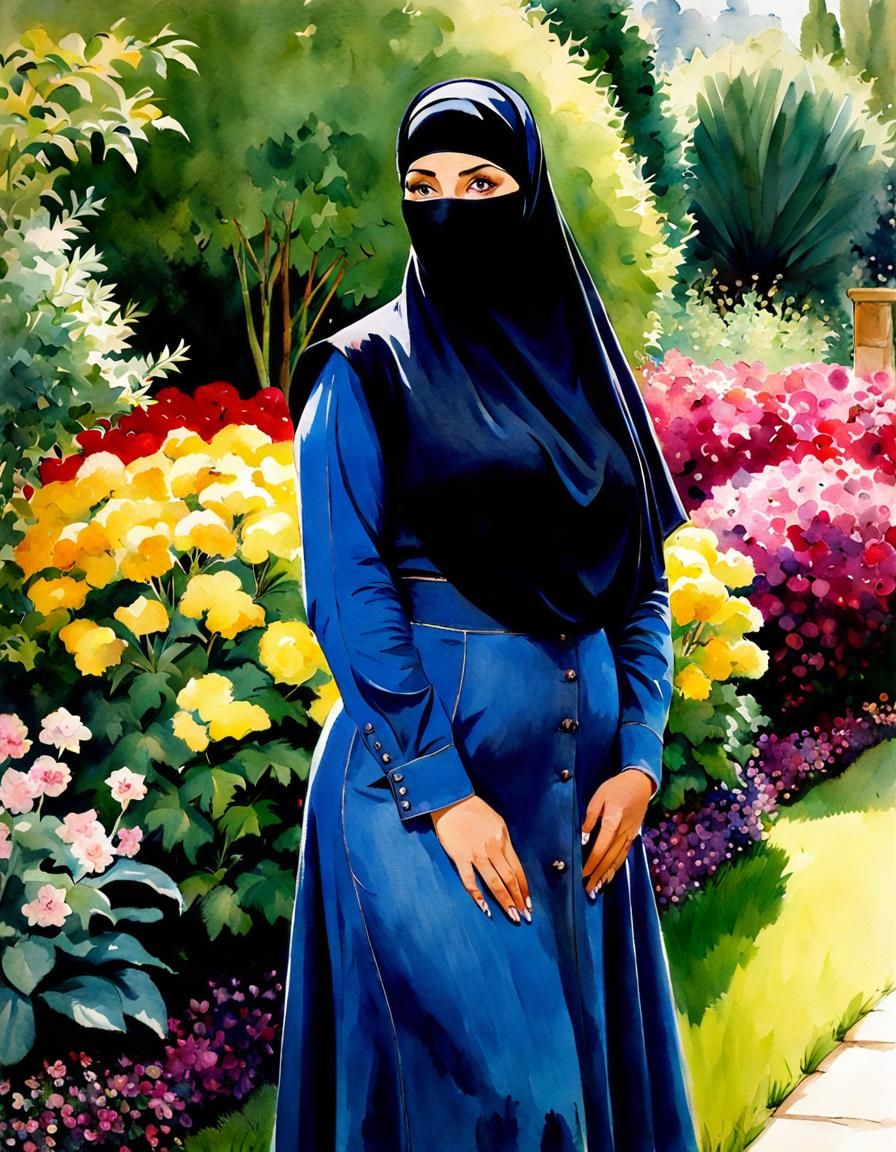 Watercolor Portrait of Niqabi Teacher in Garden