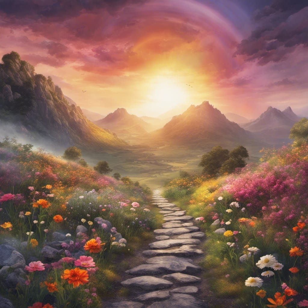 Sunrise Path to Hill with Rainbow: Fantasy Concept Art