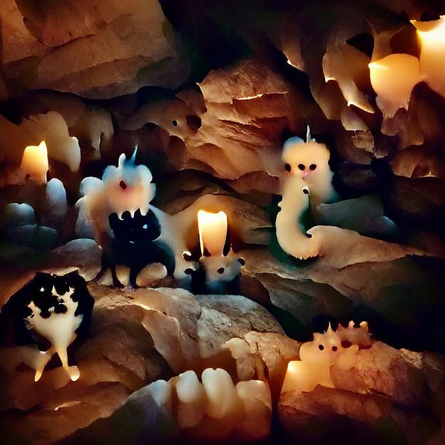 Glowing Creatures in a Candlelit Cave
