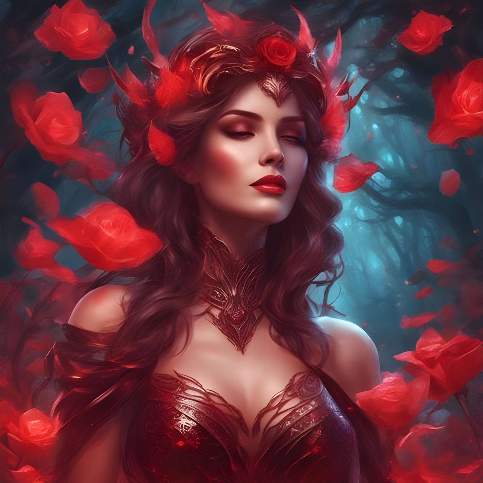 Bioluminescent Goddess in Red Veil Portrait