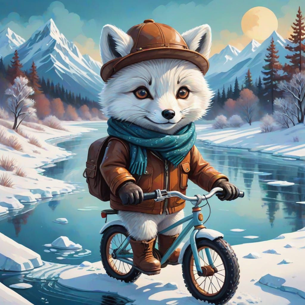 Arctic Fox Cub Rides Bike on Frozen River in Vibrant Cartoon...