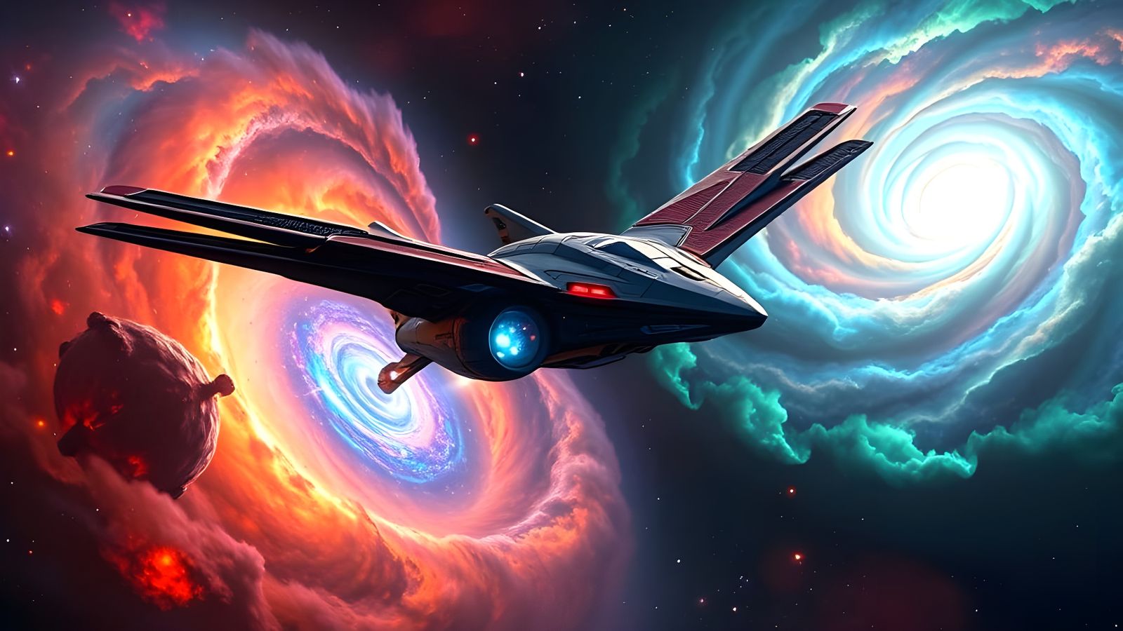 Spaceship Soaring Through Colorful Nebula in Sci-Fi Style