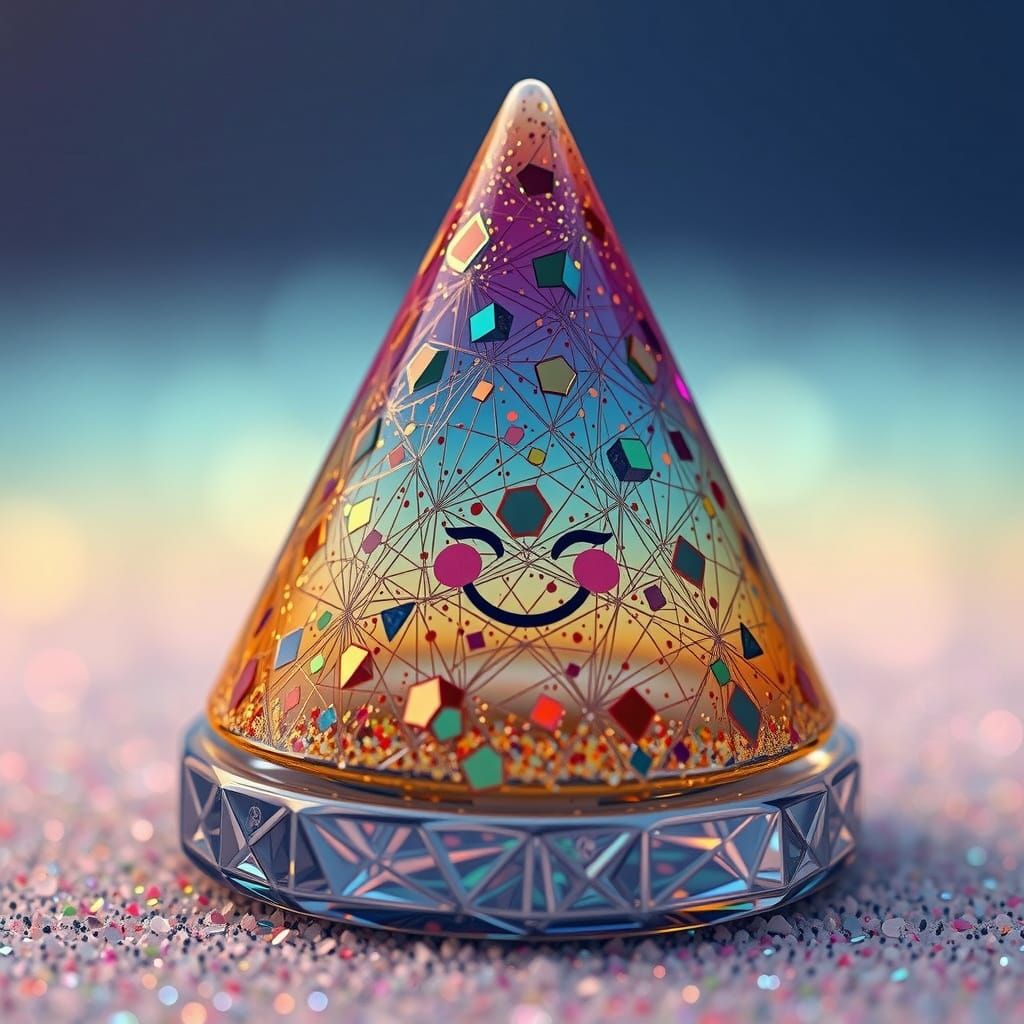 Crumbling Glass Cone with Geometric Patterns in Golden Light