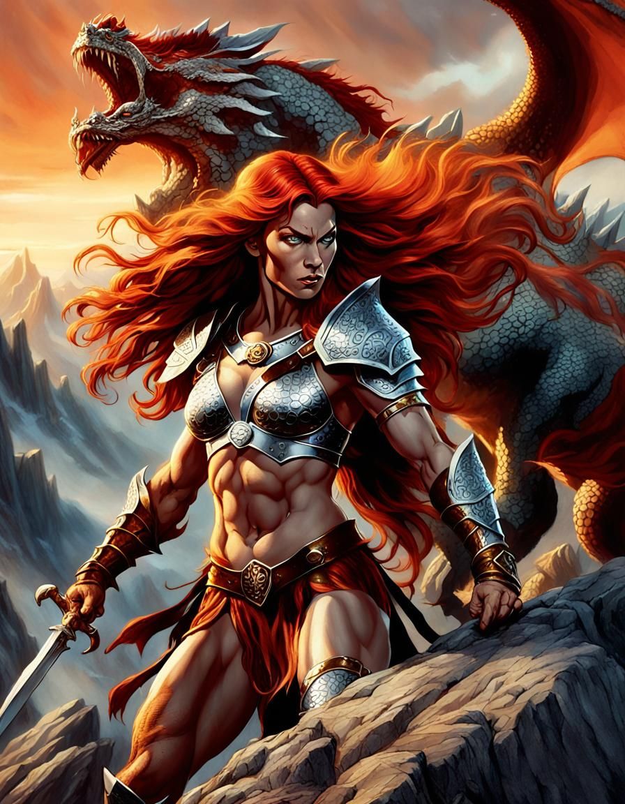 Red Sonja Battles Dragon on Mountain Peak