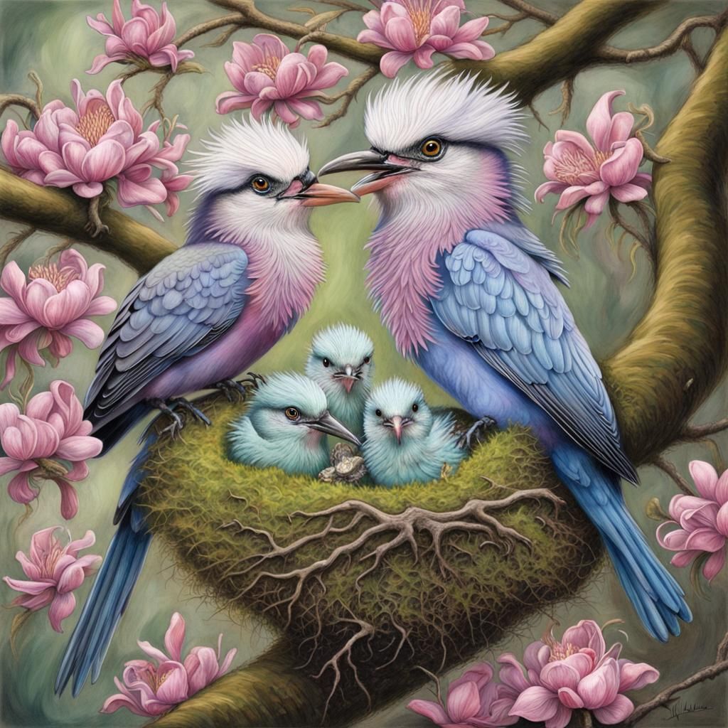 Charming Chalk Art: Mother Roller Feeding Hatchlings