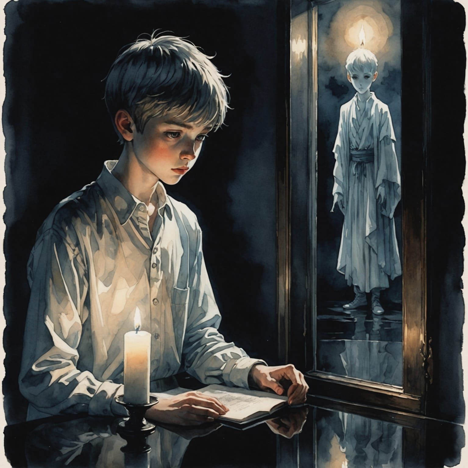 Ghostly Boy with Candle in Anime Watercolor