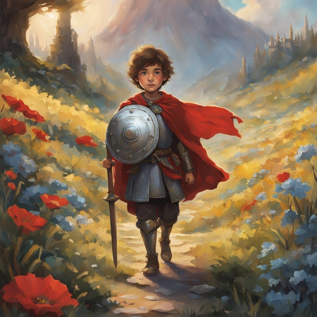 Whimsical Young Knight Stands Proud in a Sun-Kissed Meadow