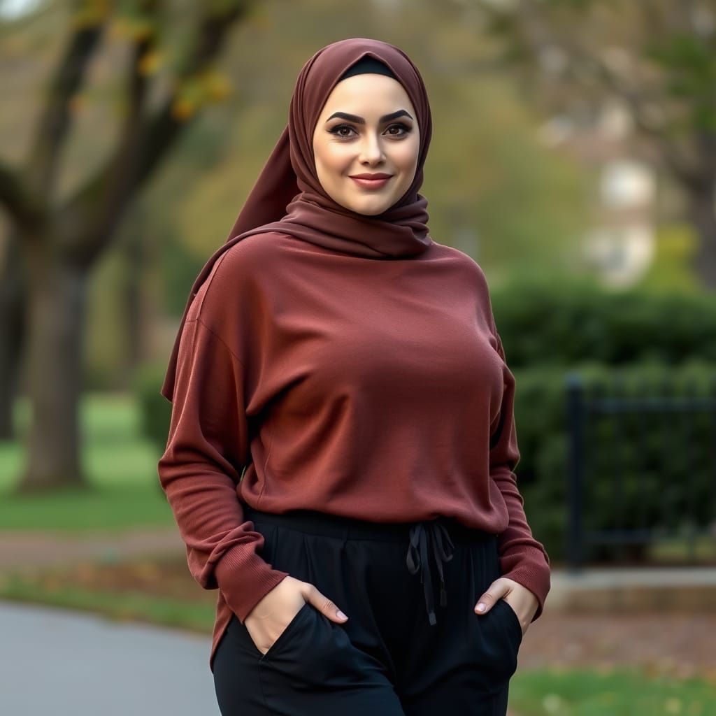 Confident Hijabi Woman Walking in Park