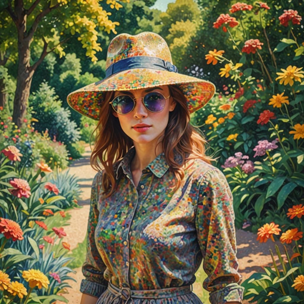 Woman in Summer Garden: Pointillism Style Illustration
