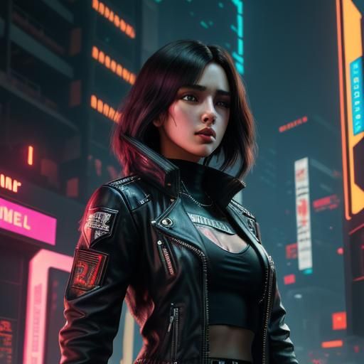 Detailed Cyberpunk Character in Neon Cityscape