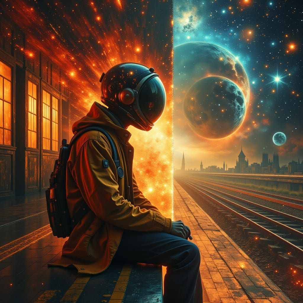 Astronaut Contemplates Cosmic Vista on Train Platform