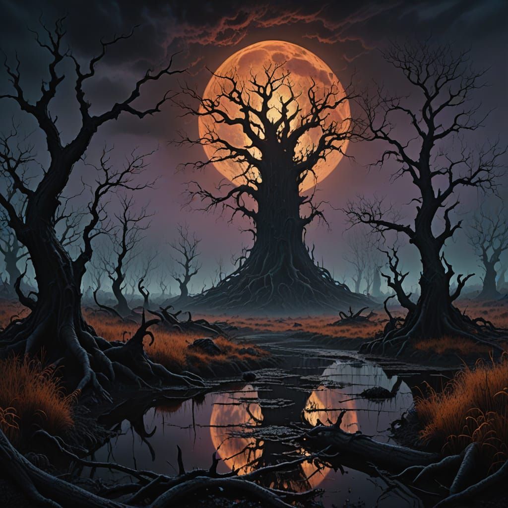 Dark Fantasy Landscape Under a Blood Moon
