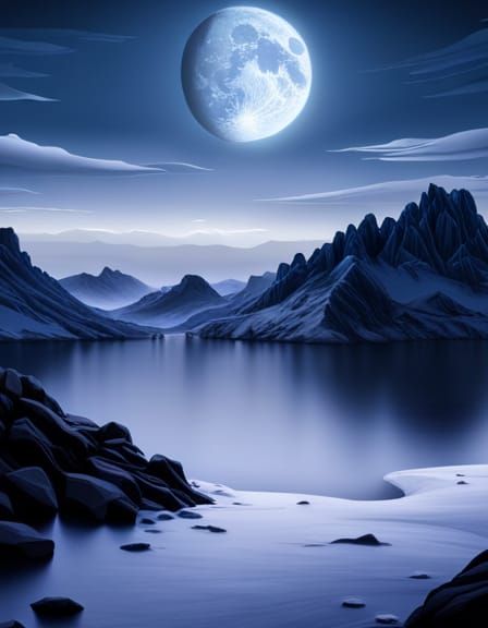 Surreal Lunar Oasis with Moonlit Lake