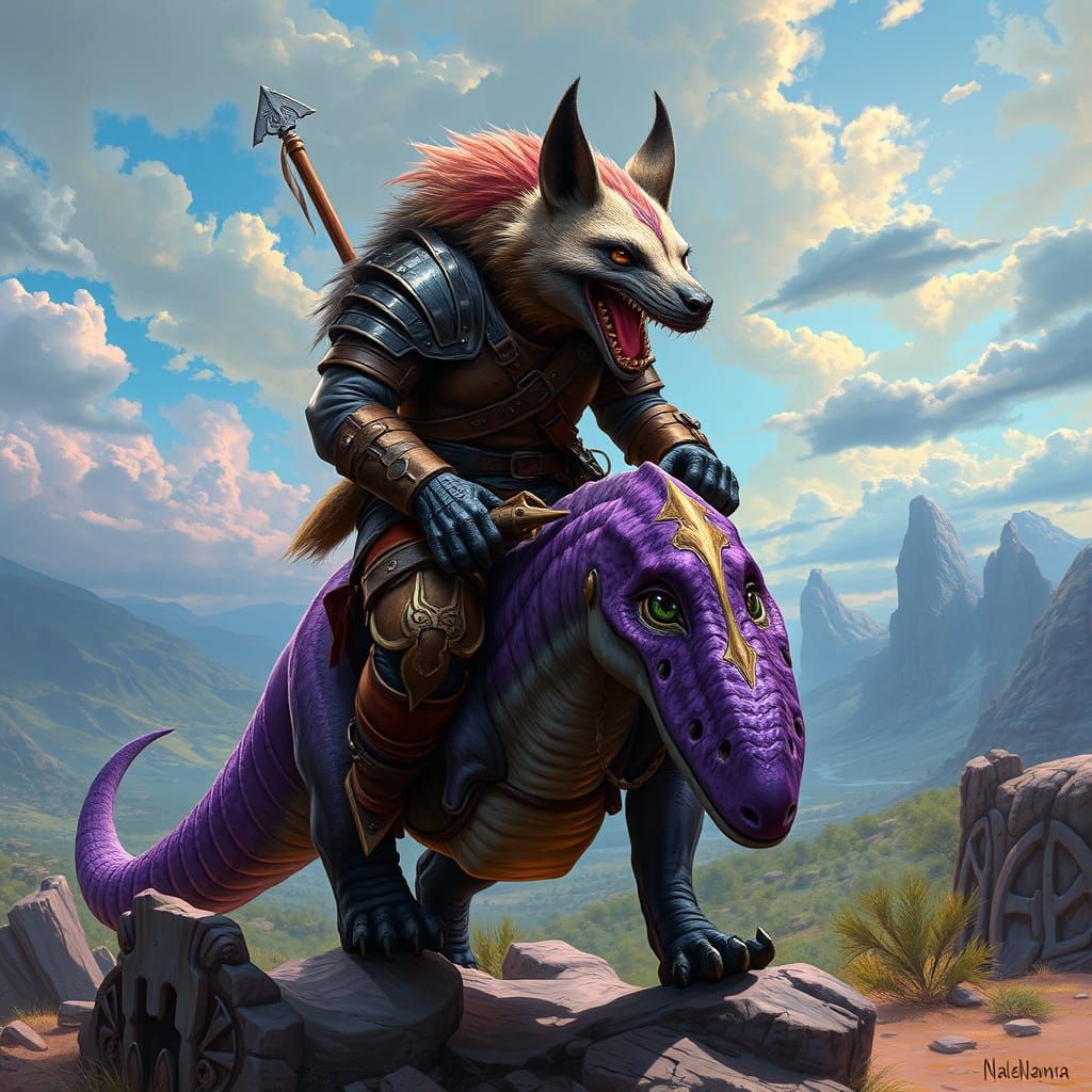 Hyena Warrior Rides Dinosaur in Fantasy Landscape
