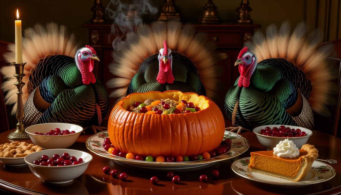 Thanksgiving Turkeys Feast Around Candlelit Pumpkin