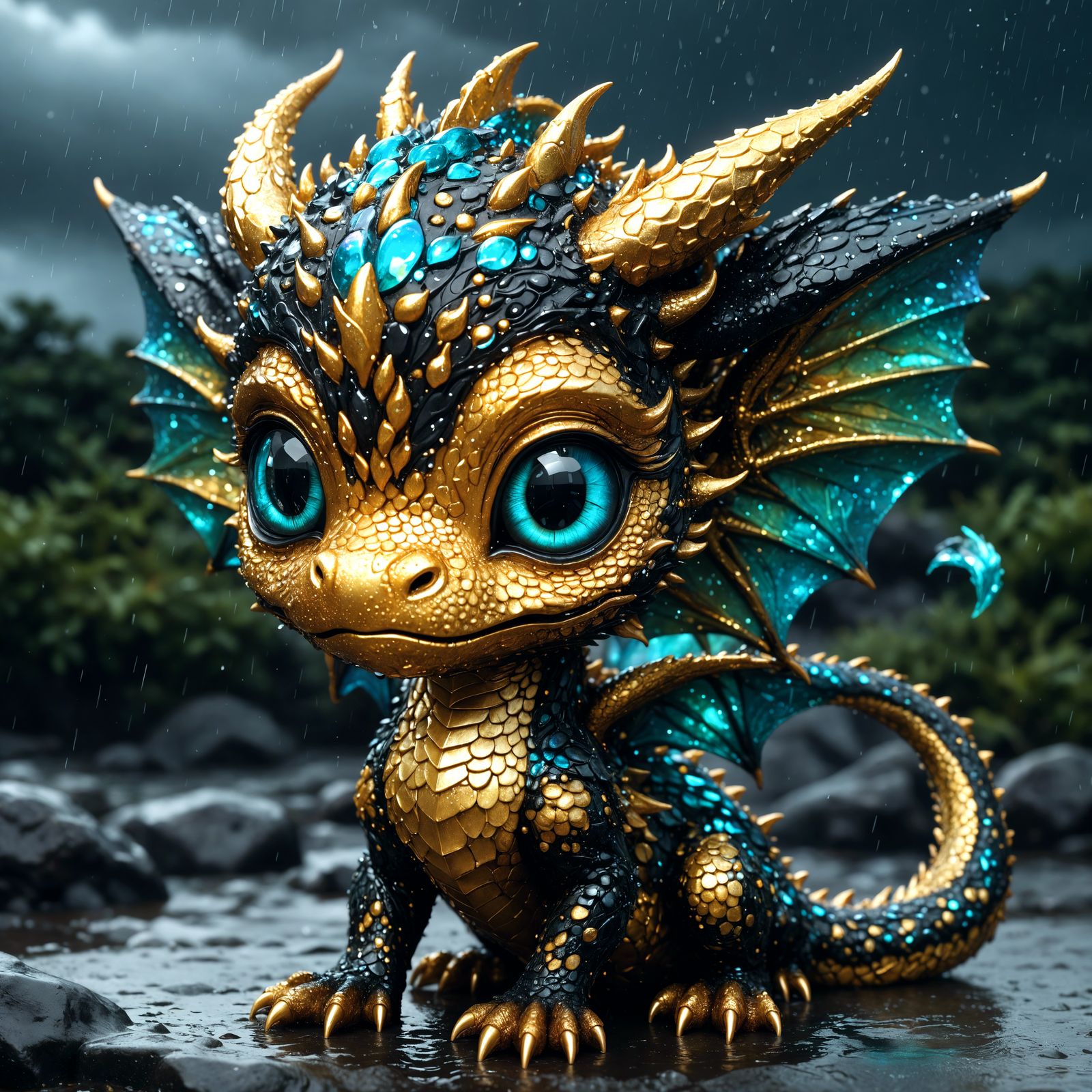 Adorable Chibi Dragon in Rainy Weather