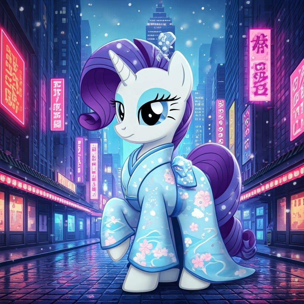 Cyberpunk Geisha in Snowy Cityscape