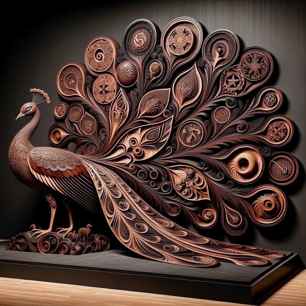 Intricately Carved Wooden Peacock Sculpture