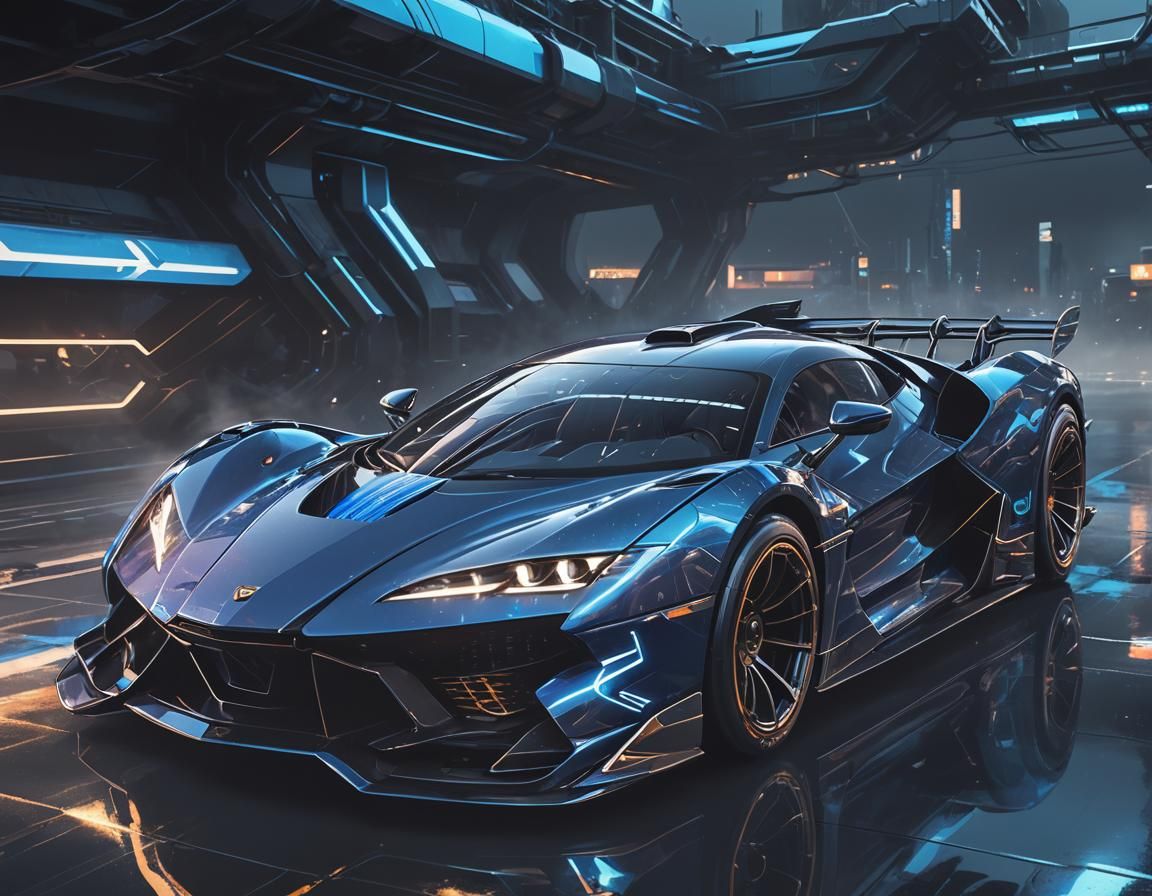 Sleek Supercar with Blue Jets in Neon Noir Style