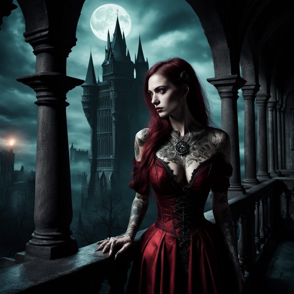 Hauntingly Beautiful Woman in Gothic Dress on Castle Balcony