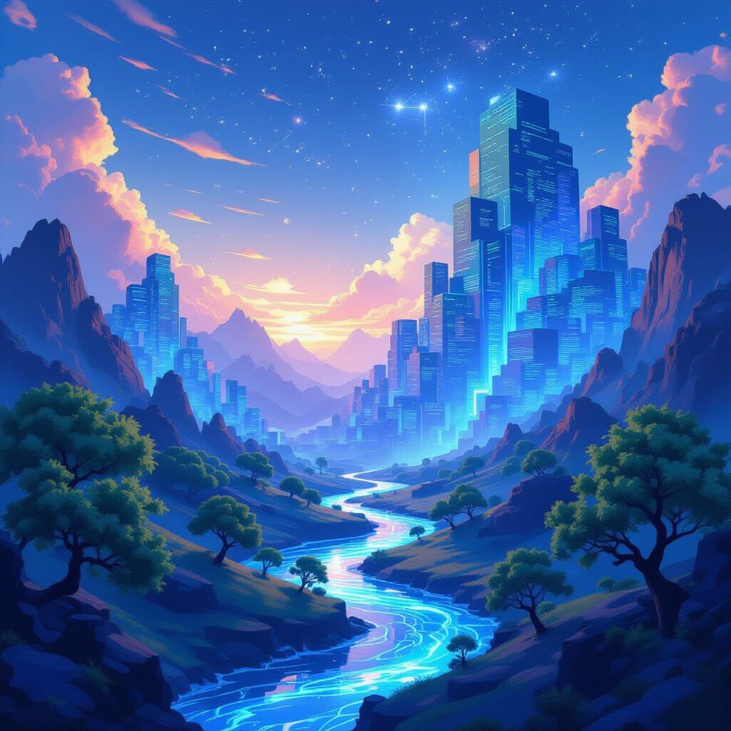 Fantastical Code Landscape with Digital Data Rivers