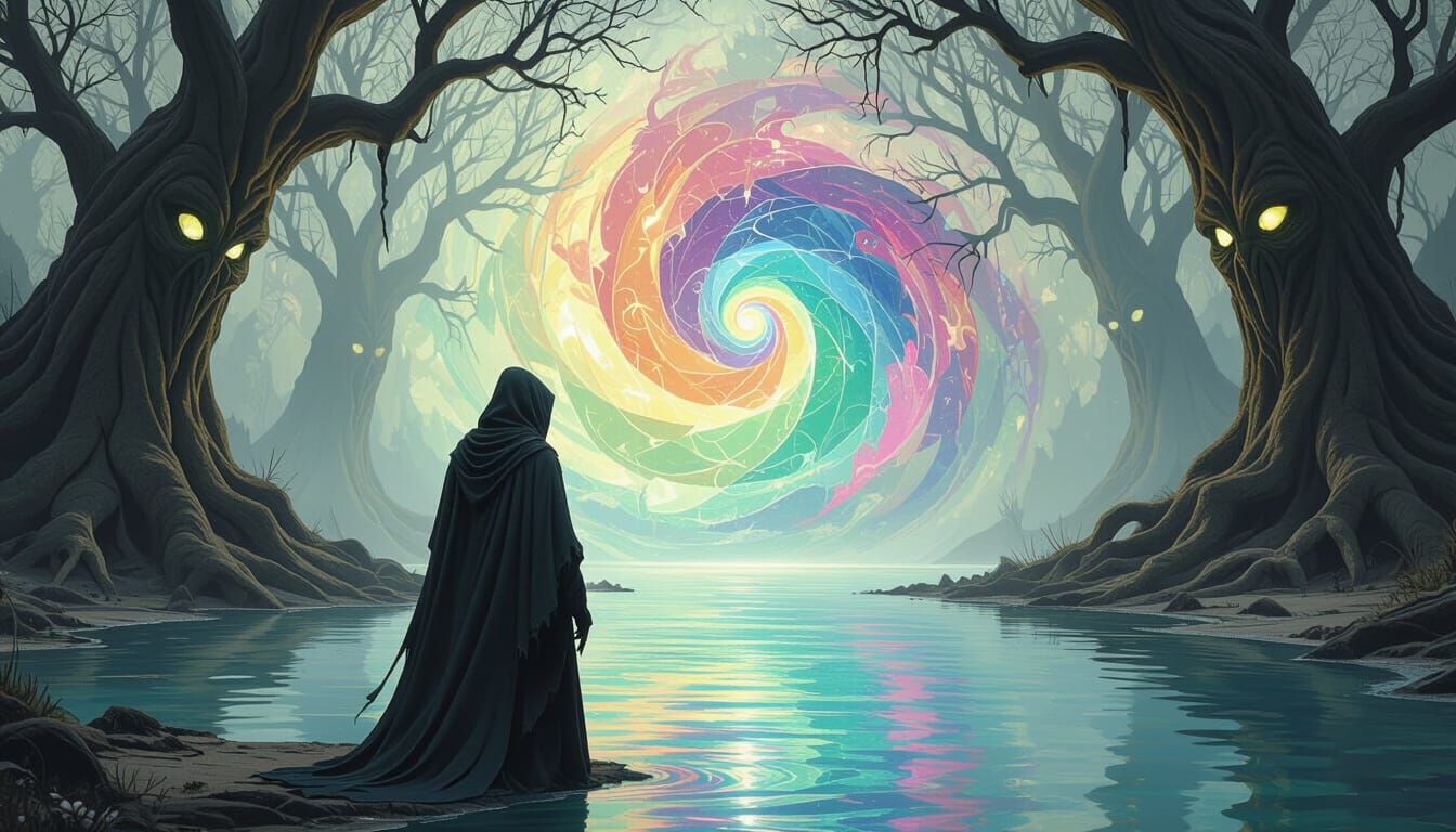 Mystical Figure Gazing into Kaleidoscopic Vortex