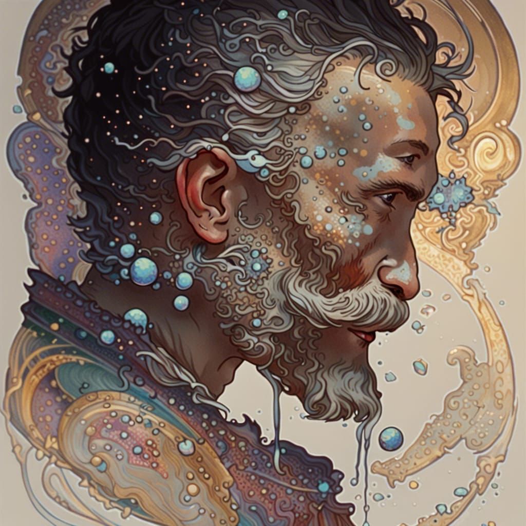 Man Removing Dentures: Mucha-Inspired Portrait