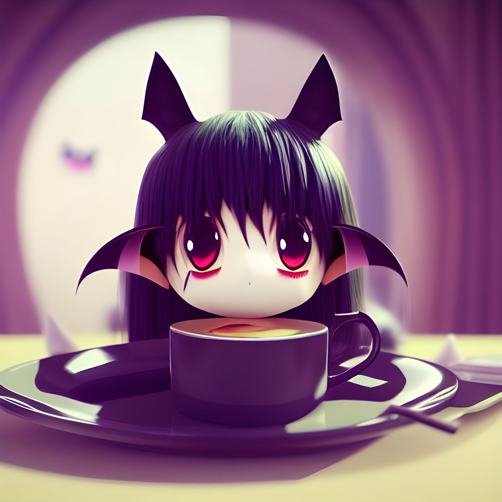 Cute Anime Vampire with Coffee, Octane Render