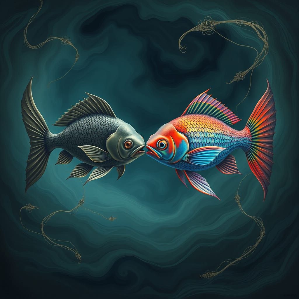 Ethereal Pisces Zodiac Scene with Vibrant and Muted Fish