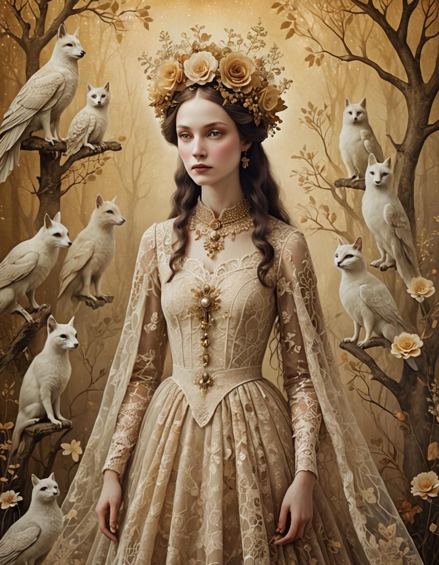 Regal Woman Surrounded by Ancestors: Fairytale Illustration