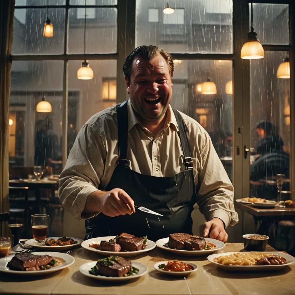Cinematic Still: Man Laughs at Steaks in Golden Hour