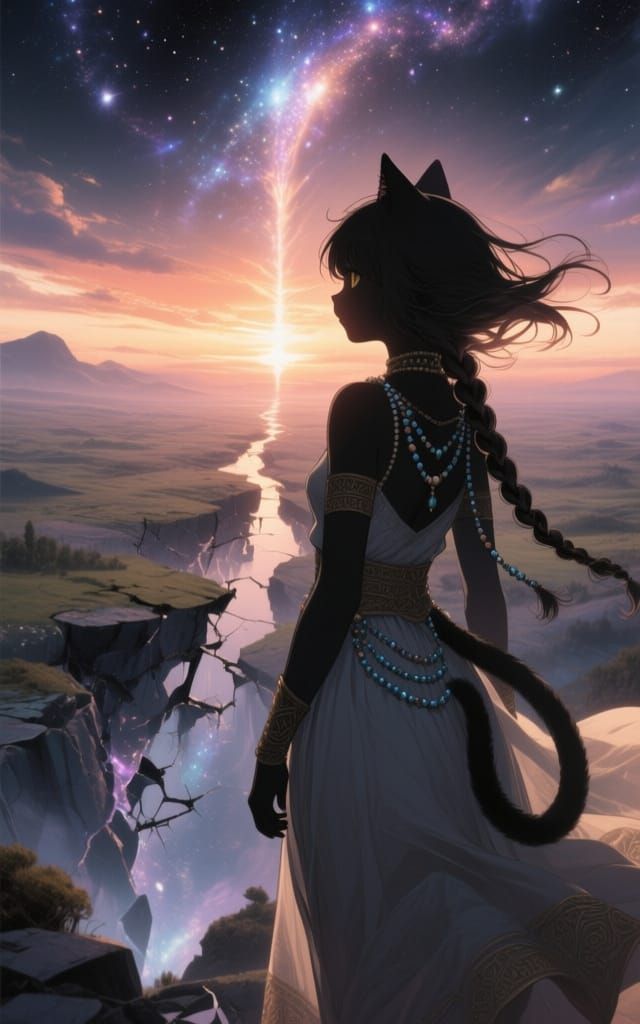 Fantasy Landscape with Cat Girl in Anime Art Style