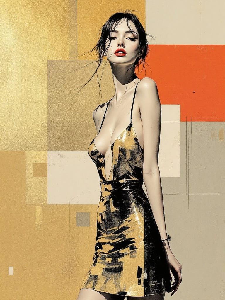 Gold Sundress Pin-Up Woman in Geometric Ink Style