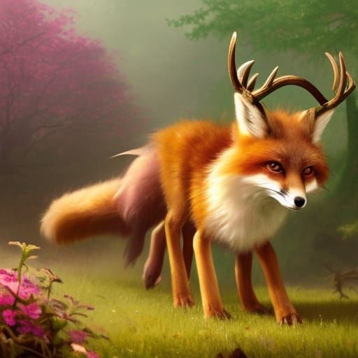 Fox with Antlers and Flowers: Dark Fantasy Art