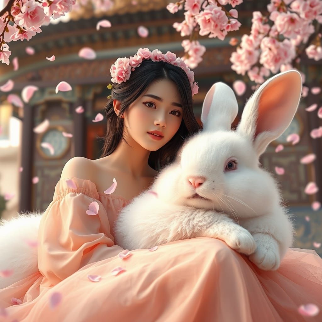 Woman and Rabbit in Blossoms: Fantasy Concept Art