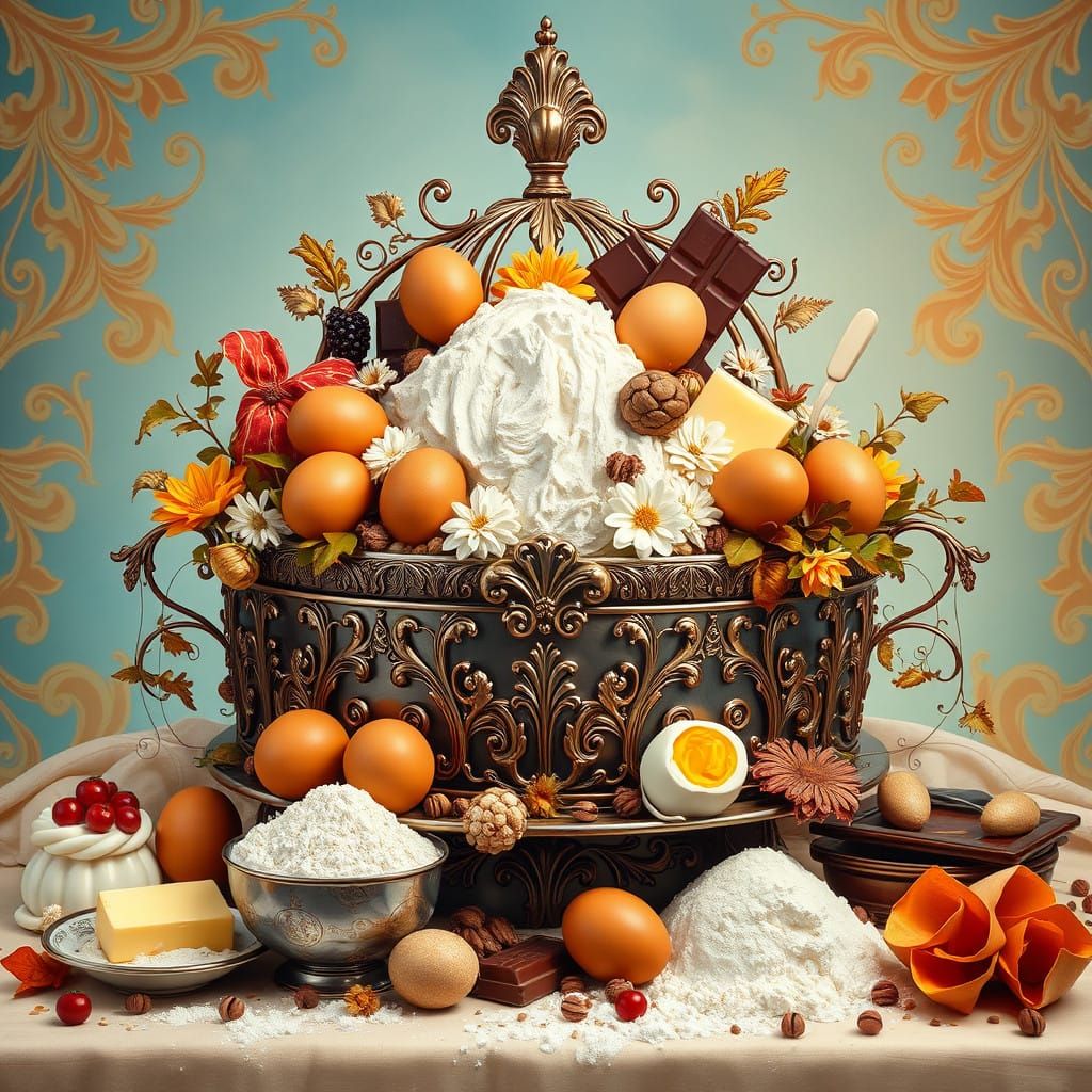 Antique Cake Saladier with Rich Chocolate and Colorful Bakin...