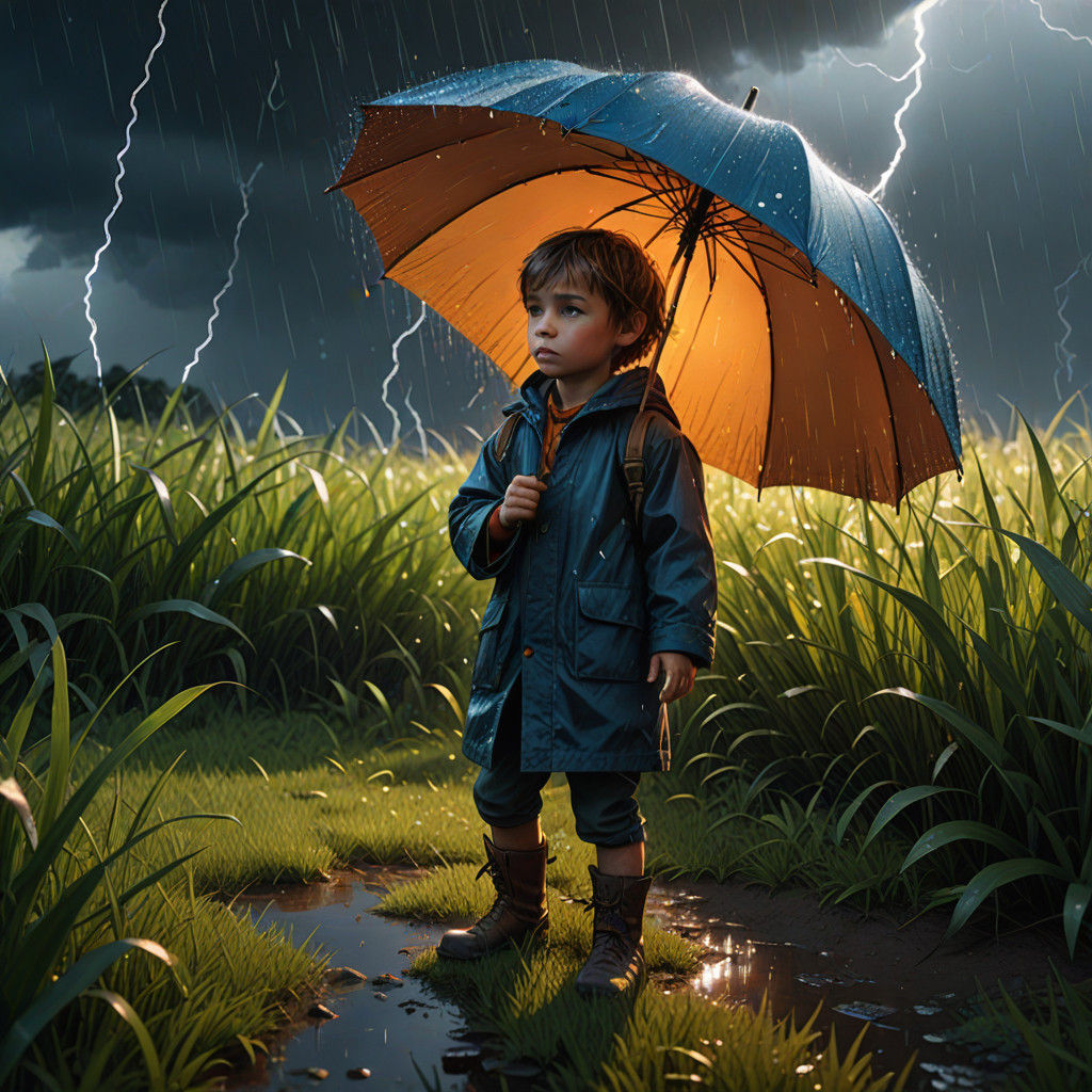 Vibrant Child Under Lightning Storm Umbrella in Swaying Gras...