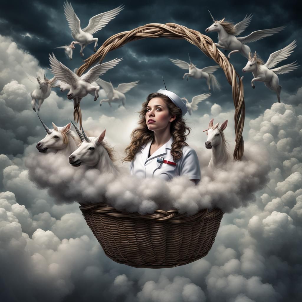 Nurse's Dream: Unicorn Flight Through Cloudy Skies