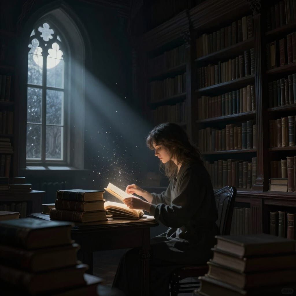 Ethereal Librarian Organizing Glowing Tomes in Moody Library