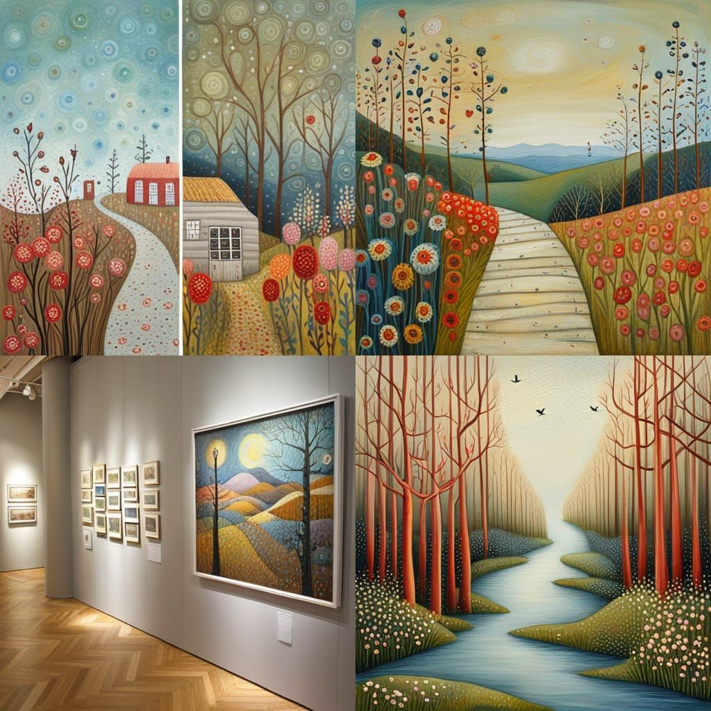 Colorful Folk Art Landscape Painting