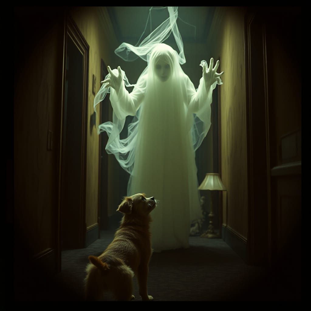 Ethereal Spirit Watches Puppy in Haunting Mansion Scene
