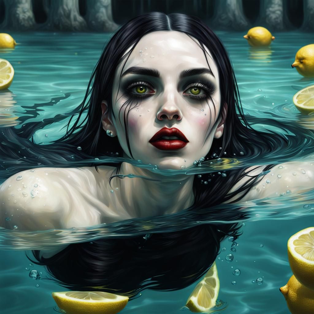 Goth girl swimming in lemonade, photorealistic