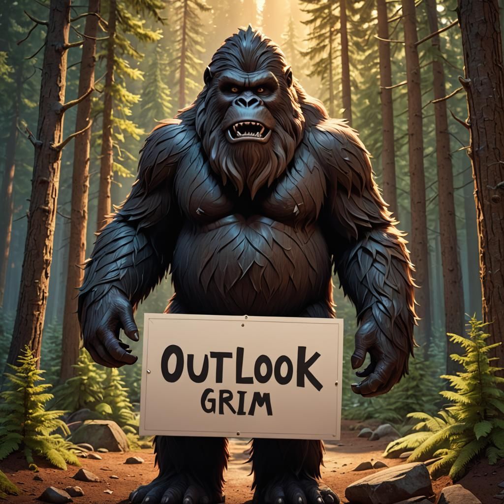 Demonic Sasquatch Holding Outlook Grim Sign in 3D