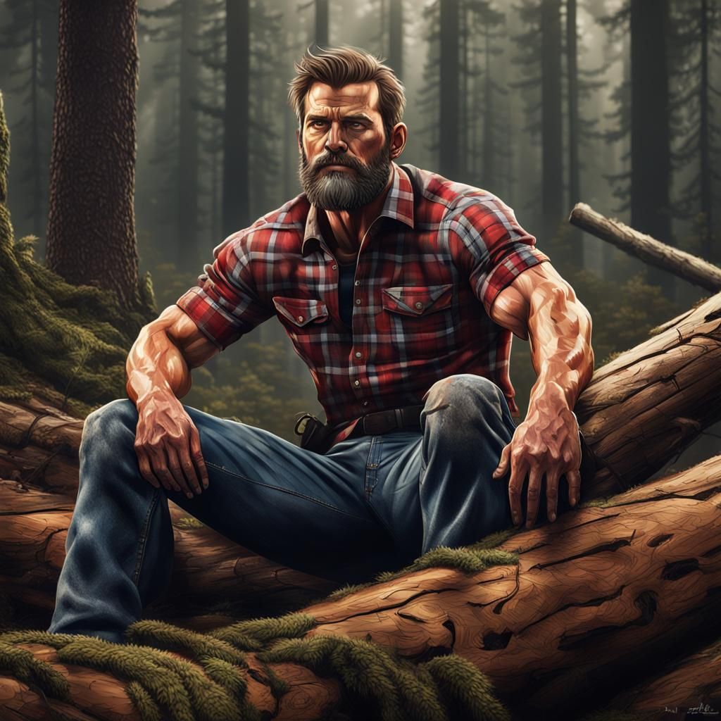 Hyperrealistic Lumberjack with Six-Pack Abs in Forest