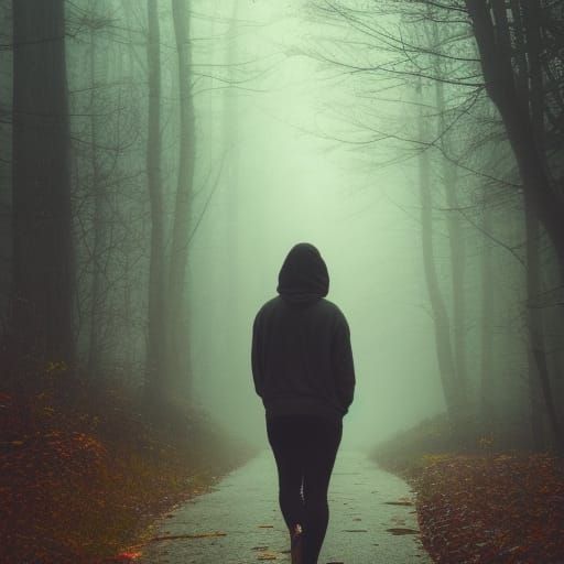 Woman with Glowing Eyes on Foggy Road