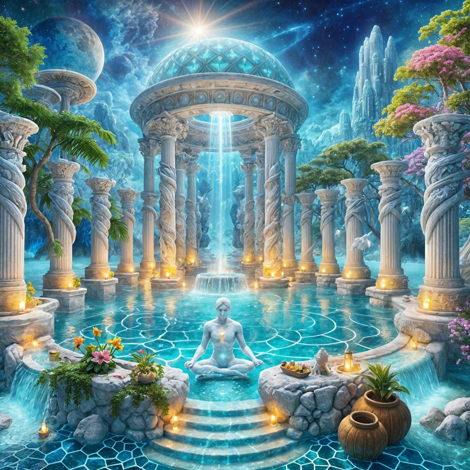 Ethereal Cosmic Water Temple with Iridescent Tiles and Tropi...