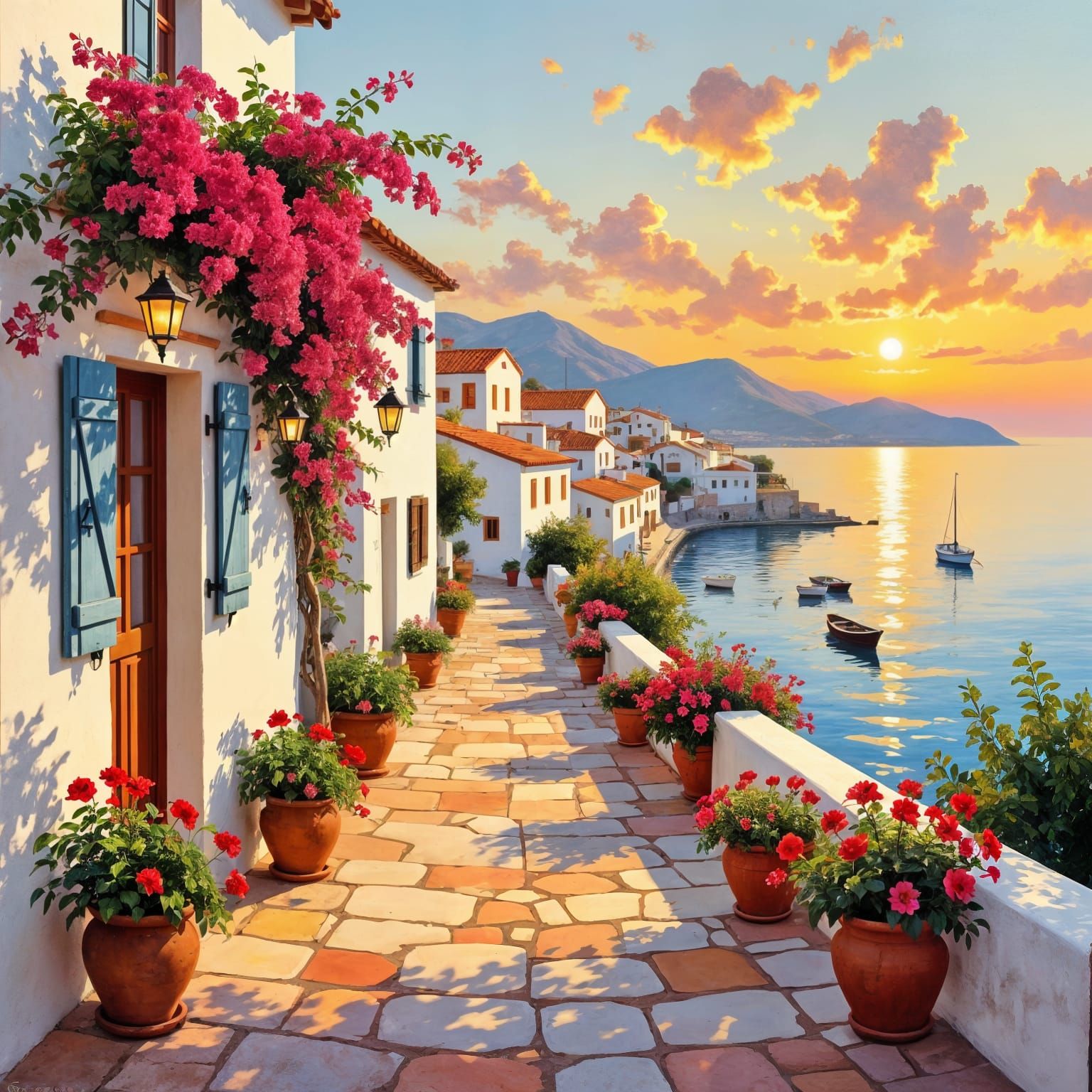 Mediterranean Village Scene with Bougainvillea in Golden Hou...