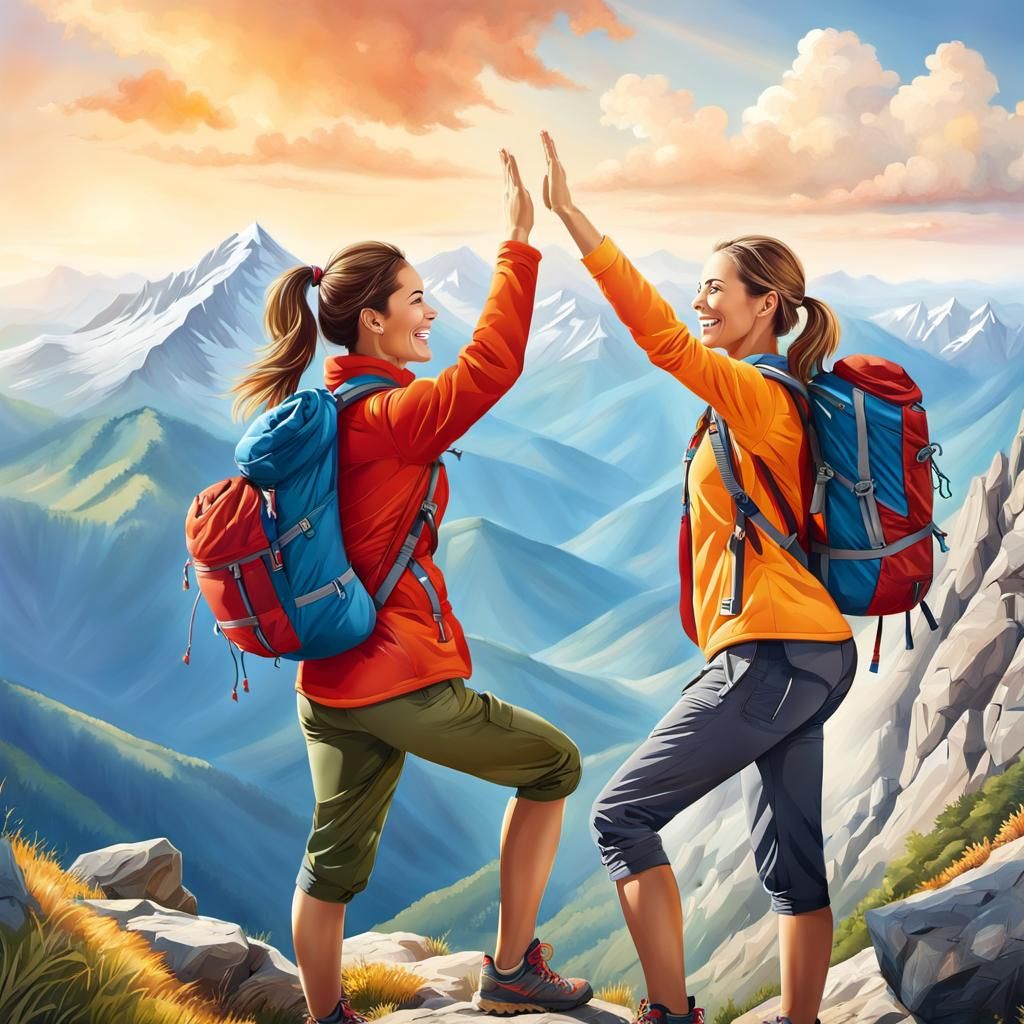 Female Hikers' Joyful High Five at Mountain Summit