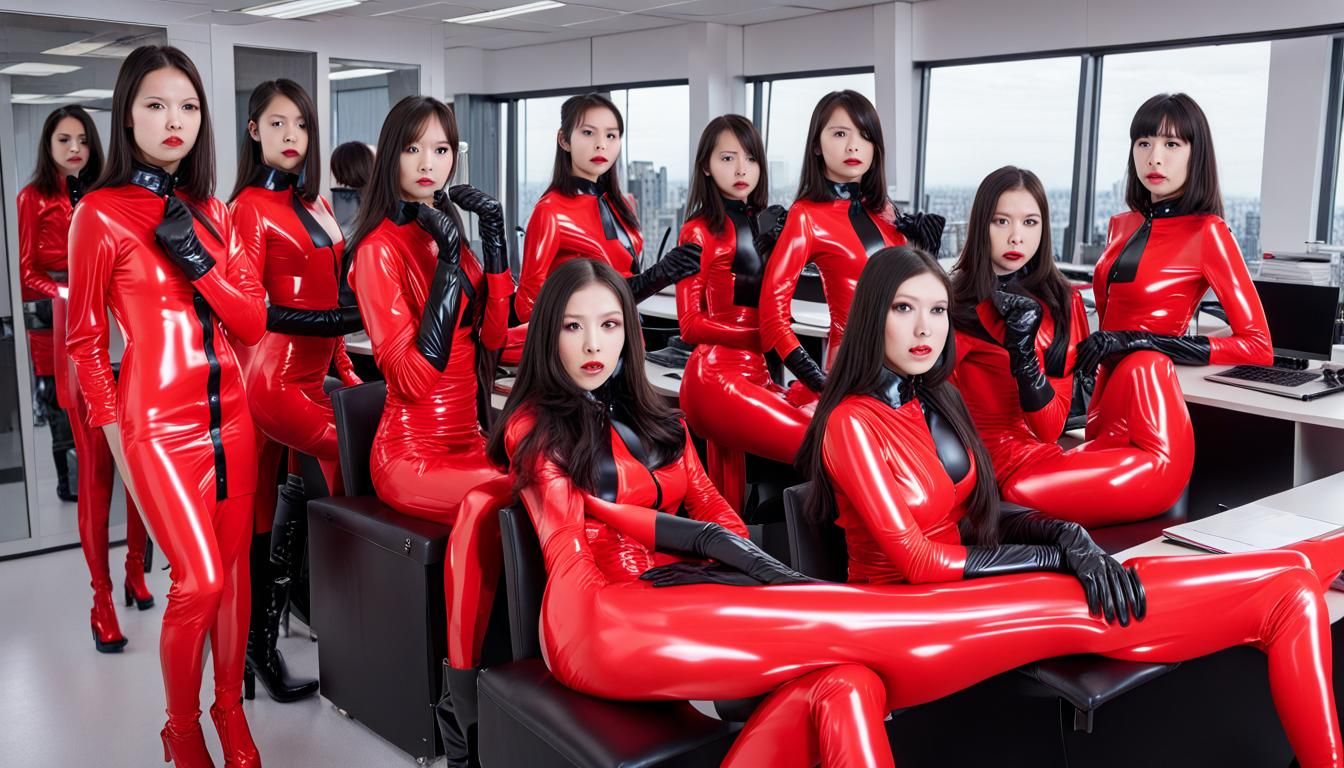 Women in Red Latex in an Office Setting